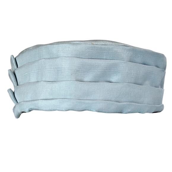 1960s Light Blue Pill Box Hat Hand Crafted Pleated Hat Band Design Size 6 Women - Picture 4 of 7